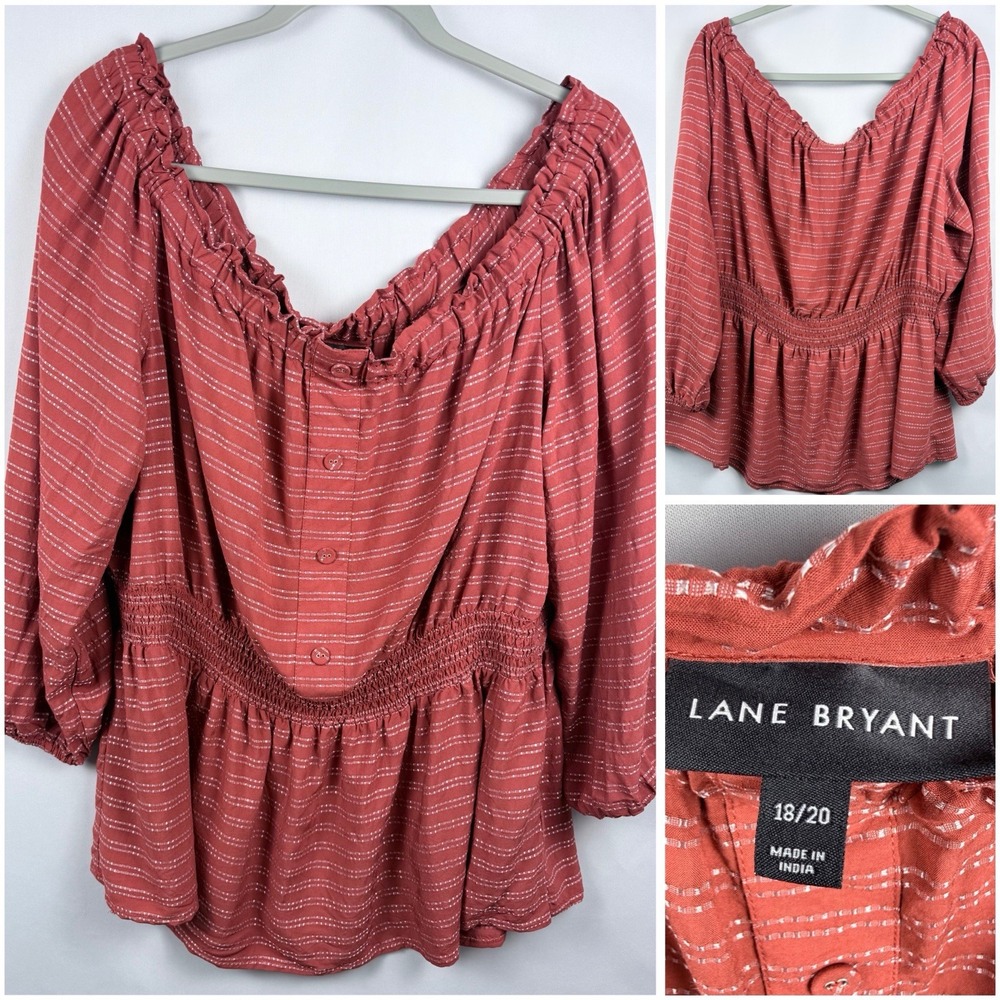 Lane Bryant Women's 18/20 Rust Striped Peasant Blouse Smocked Waist Boho Top